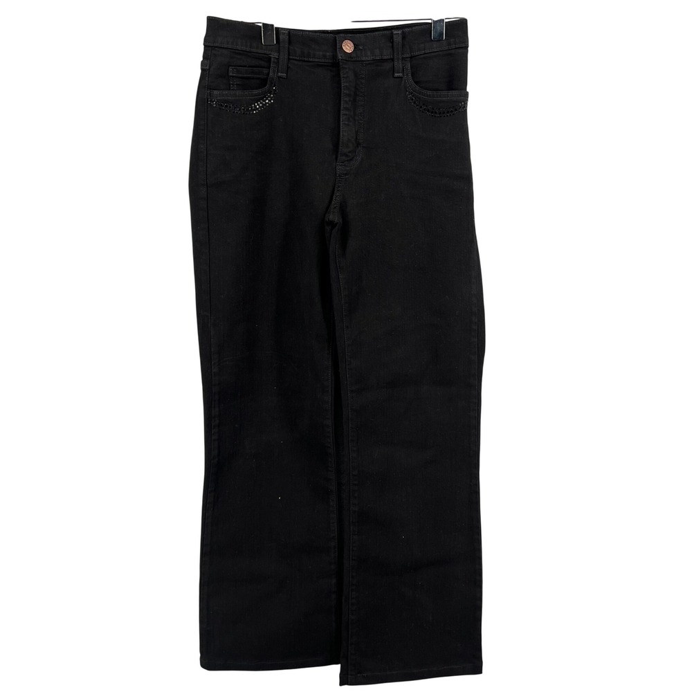 NYDJ Tummy Tuck Jeans Black Rhinestone Studded Straight Leg Denim 449BR Size 2